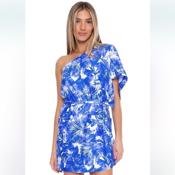 Trina Turk Basque One Shoulder Swim Cover Up Beach Dress L - Picture 1 of 5